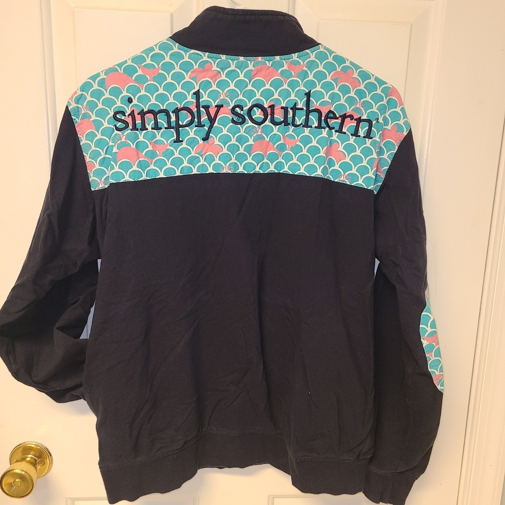 Simply Southern Nautical 1/4 Zip Pullover Sweatshirt Women Sz Med Elbow Pads